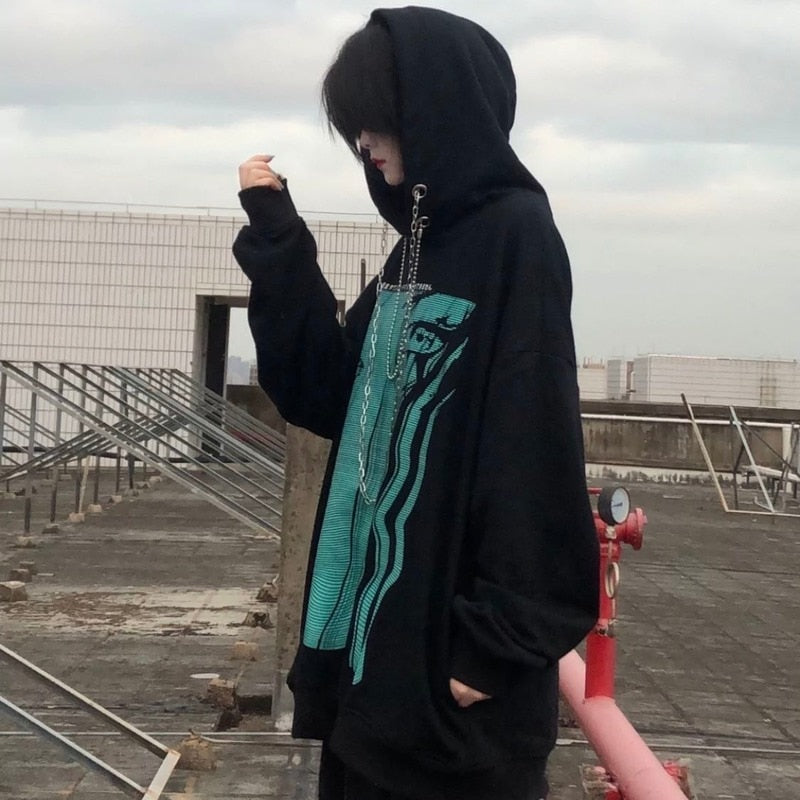 Peneran Streetwear Women Anime Hoodie Harajuku Gothic Punk Kpop Oversize Pullover Long Sleeve Chain Sweatshirt Korean Fashion