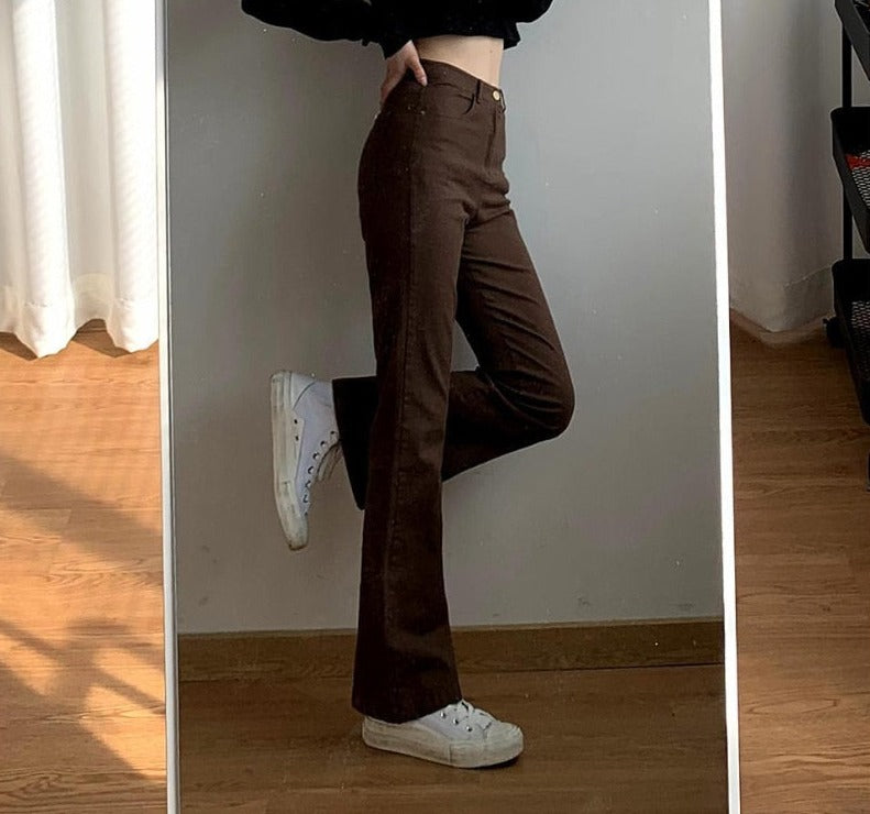 Peneran Jeans Women Denim Brown Fashion All-Match Boot Cut Spring Autumn Trousers High Waist Skinny Elasticity Korean Style  Street