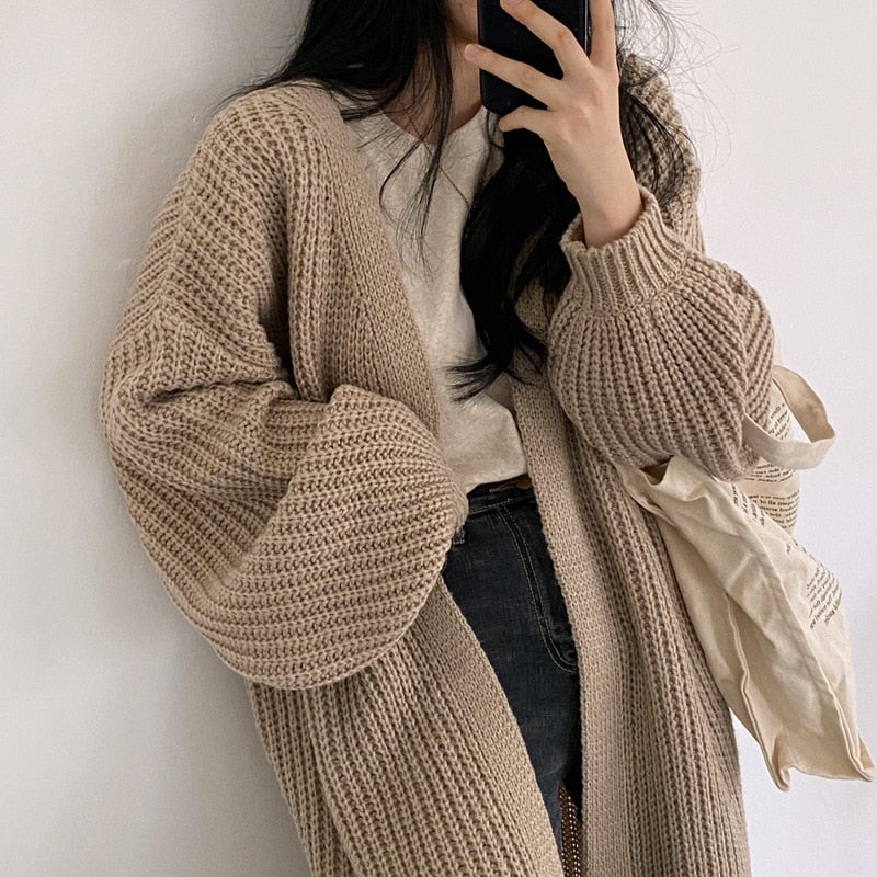 PENERAN Cardigan For Women Casual Long Sleeve Loose Knitted Sweater Coat Korean Fashion Oversized Cardigan Tops Solid Vintage Clothing