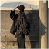 Flectit Black Windbreaker With Utility Pocket Snap Button Oversized Cargo Jacket Y2K Student Girl Womens Outerwear & Coats