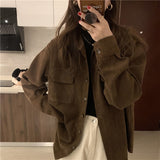 Black Fridays Sales Autumn Winter Loose Corduroy Shirt Women Turn Down Collar Single Breasted Casual Long-Sleeve Outerwear Vintage Cardigans
