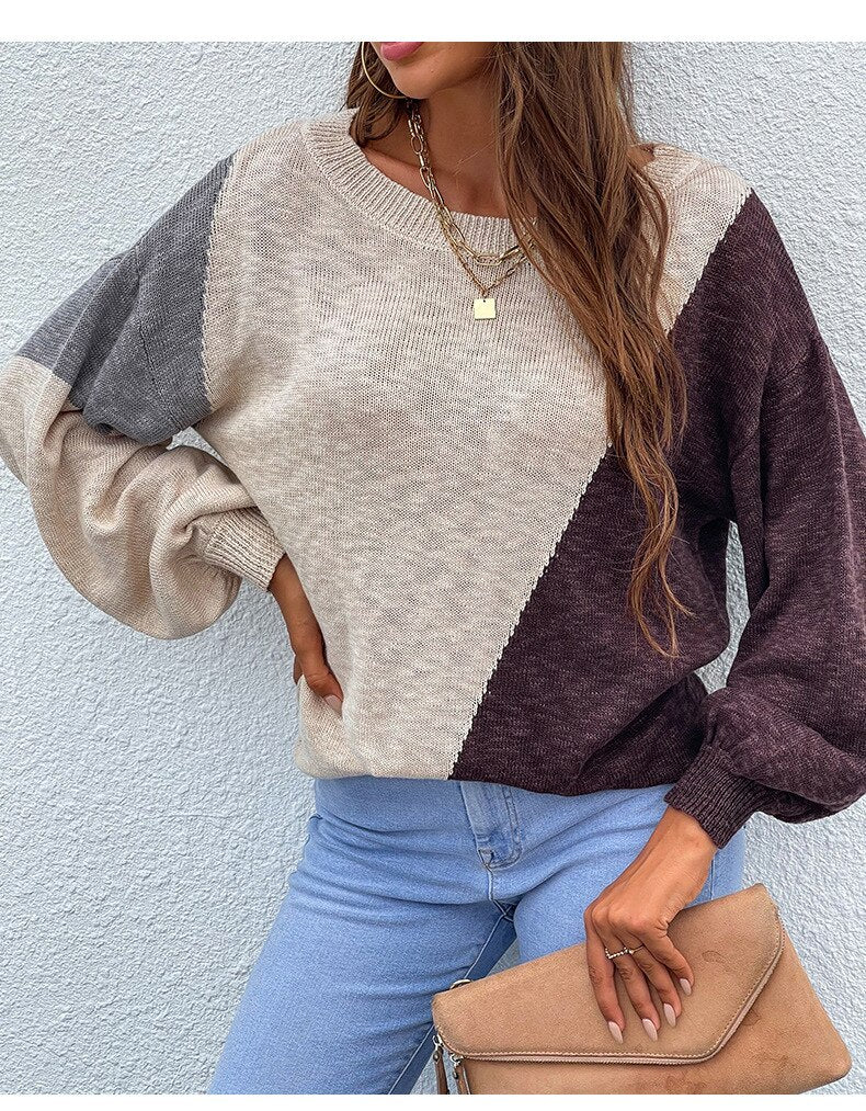 Autumn and Winter Women Sweater New Irregular Color Matching Off-shoulder Pullover Sweaters 2021 Fashion