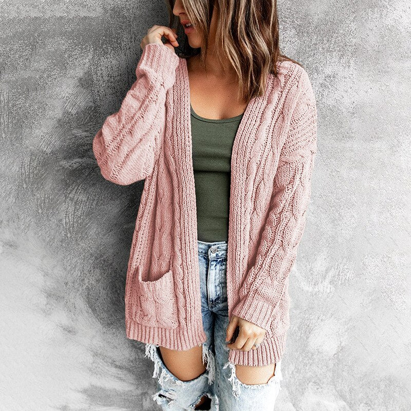 Women's Sweater Solid Color Pocket Mid-length Twist Knit Cardigan Coat 2021 Autumn and Winter Sweater Woman