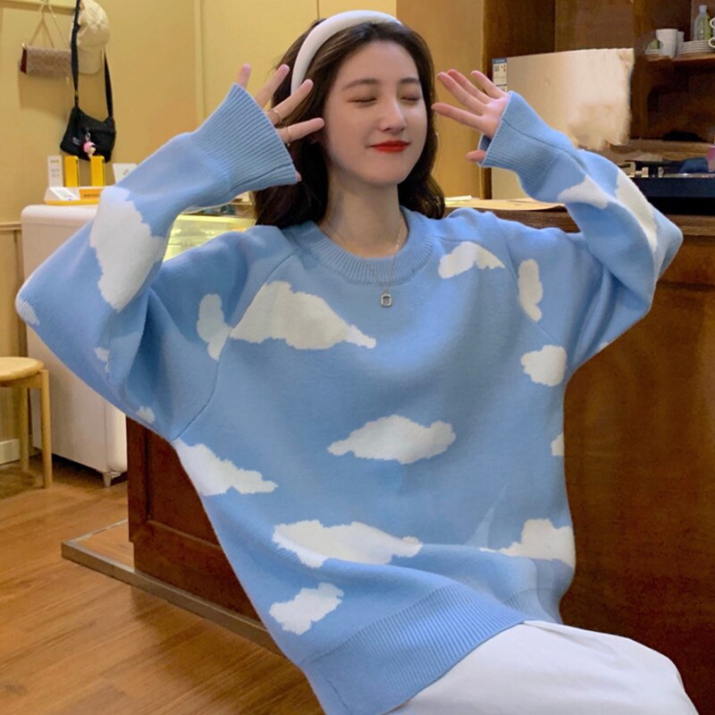 PENERAN Korean Women Sweater Causal Vests For Women Cloud Loose Knitted Cardigan Autumn Winter Kawaii Sweater Jumpers Long Sleeve Tops