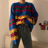 Flectit Vivid Color Block Sweater Womens Oversized Chunky Knit Pullover Jumper Graffiti Print Sweaters Winter Harajuku Outfit *