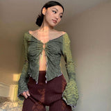 90s Vintage Fairy Ruffles Button T-shirts Y2K Aesthetic Women V-neck Flare Sleeve Ruched Slit Crop Tops Sexy Summer Tee Clothes