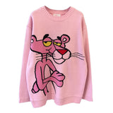 Peneran Spring Korean New Cartoon Sweater Women's Loose Leopard Round Neck Loose Casual Pullover Knitting Sweater Tops Z006