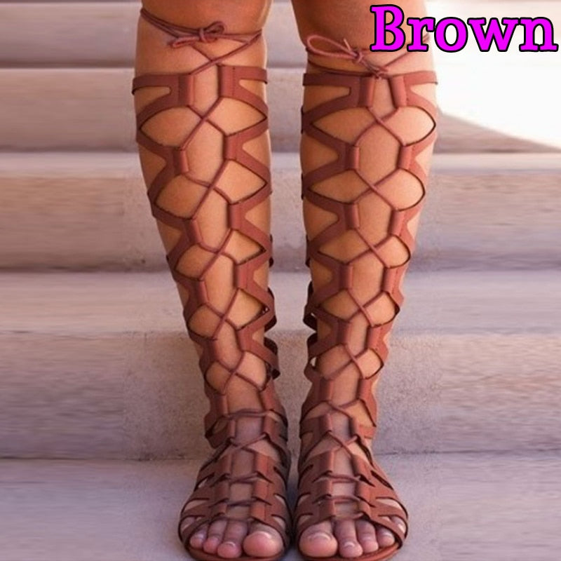 Peneran Peneran 2022 Roman Gladiator Bandage Sandals Women Knee High Flat Sandalias Botas Femininas Women Shoes Girls Summer Hollow Ankle Boot