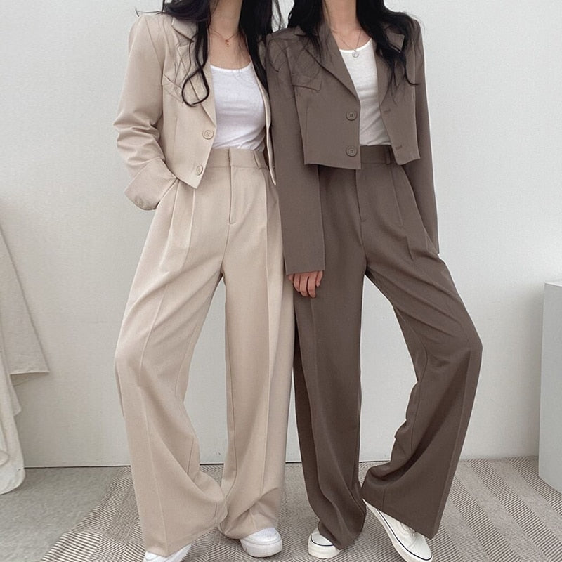 Elegant women slim suit jacket korean style high waist wide leg pants OL  two pieces set