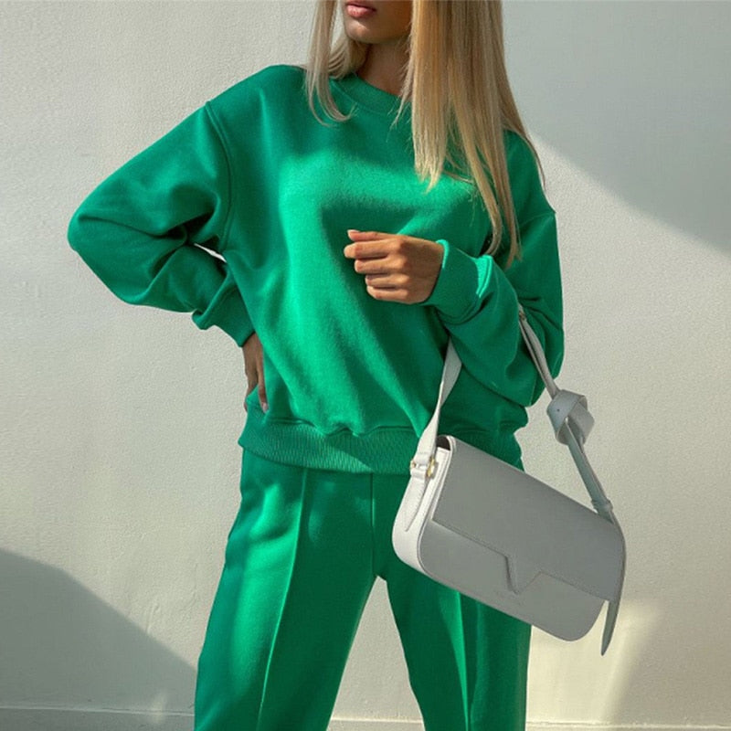 Christmas Gift Women Casual Solid Tracksuit Loose Long Sleeve Pullover Sweatshirt And Elastic Wide Leg Pant Two Pieces Set Fashion Female Suits