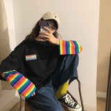 Long Sleeve Shirts Women Rainbow Striped Patch Designs Long-style Korean Leisure Hip-hop Fashion Female T-shirt Teens Preppy New