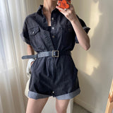 PENERAN Korean Chic One-Piece Jeans Jumpsuits With Belt Short Sleeve High Waist Short Overalls Female Button Up Denim Romper Playsuits
