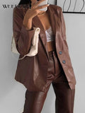 PENERAN 2023 Vintage PU Leather Brown Coat Women Casual Single Breasted Blazer Autumn Winter Loose Cardigan Outerwear Harajuku Street