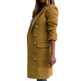 PENERAN Long Sleeve Wool Coat Pure Color Breathable Turn-Down Collar Double-Breasted Women Overcoat Outerwear