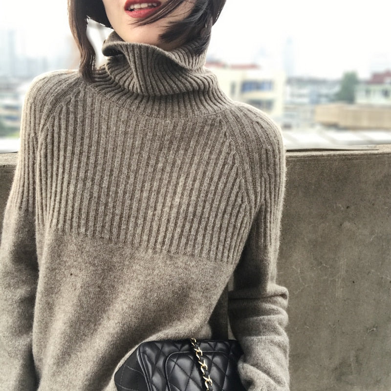 New 2020 Women's Autumn Winter Sweaters Pullover Turtleneck Solid Minimalist Elegant Office Lady Loose Tops Pull Femme Jumper