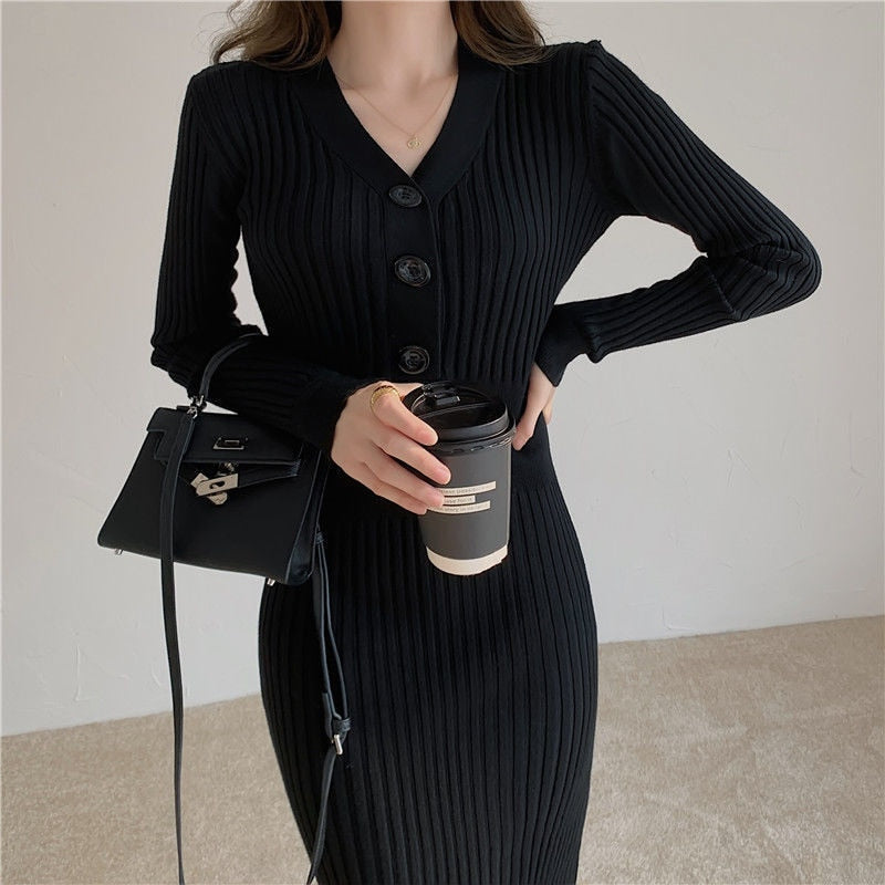 Christmas Gift 2021 Autumn Winter Women's Woolen V-neck Knitted Party Long Sleeve White Bodycon Casual Dress Elegant Ladies Dresses Harajuku
