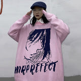 Japanese Anime Print Winter Sweater Female Cool Girl Casual Thickening Warm Oversized Sweater Pullover Pink Kawaii Streetwear