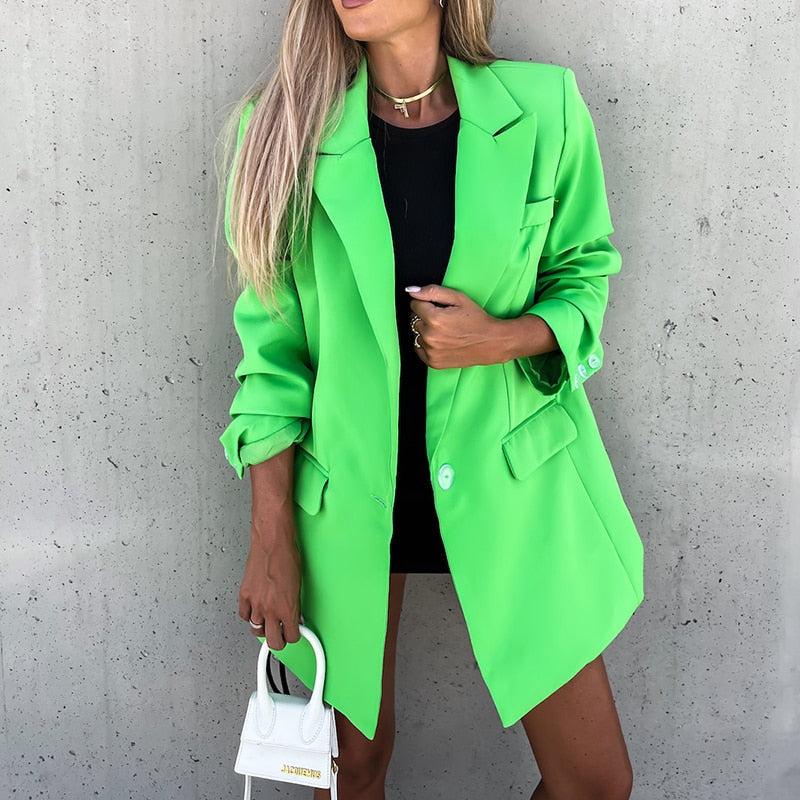 PENERAN 2022 Women Autumn Mid Blazer Coat Long Sleeve Formal Office Lady Green Blazers Femme Winter Button Elegant Notched Suit Clothing