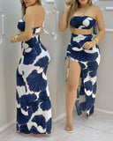 PENERAN Women Sexy Tie Dye Print Bandeau Crop Top & Drawstring High Slit Skirt Sets