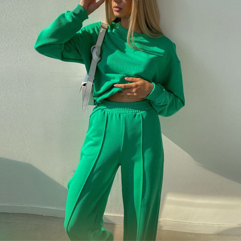 Christmas Gift Women Casual Solid Tracksuit Loose Long Sleeve Pullover Sweatshirt And Elastic Wide Leg Pant Two Pieces Set Fashion Female Suits