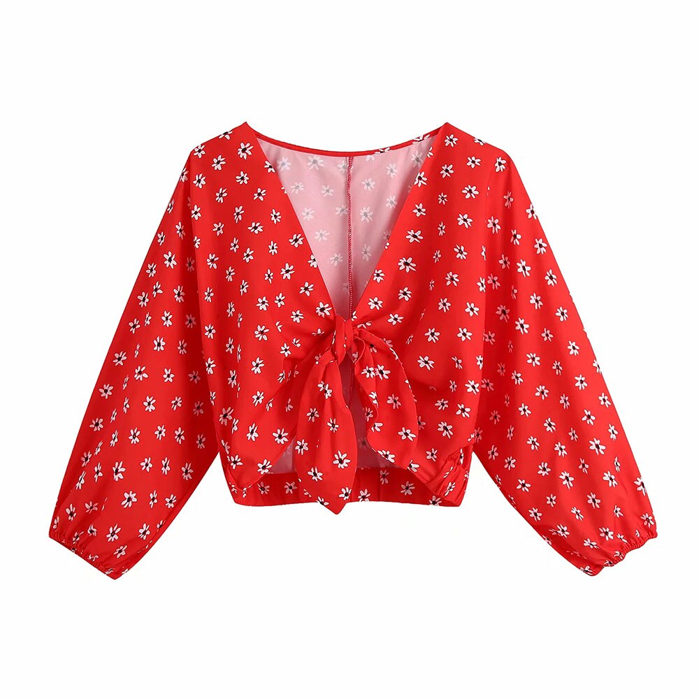 PENERAN 2022 Summer Women Red Floral Print Long Sleeve V Neck Short Shirt Female Mini Skirt Ladies Casual Two Pieces Set