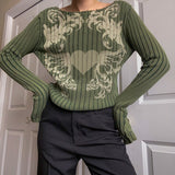PENERAN Vintage Print Green Sweater Women Autumn Long Sleeve Dark Academia Style Knitted Jumpers Casual Streetwear y2k Pullovers
