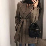 Vintage Lace Up Wool Coat Woman Autumn Winter 2021 Loose Thicken Blends Jacket Female Korean Cropped Brown Coat Women