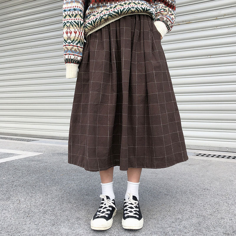 Japanese Style Elastic High Waist Long Skirts Woman Autumn Winter Female Loose Plaid A-line Pleated Skirts Harajuku Spring