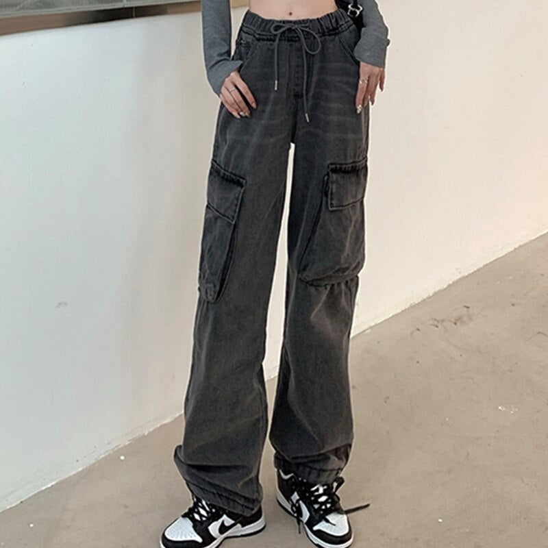 PENERAN Women Elastic High Wasit Denim Jeans Female Vintage Baggy Cargo Pants Striped Straight Jogger Trousers Grunge Streetwear