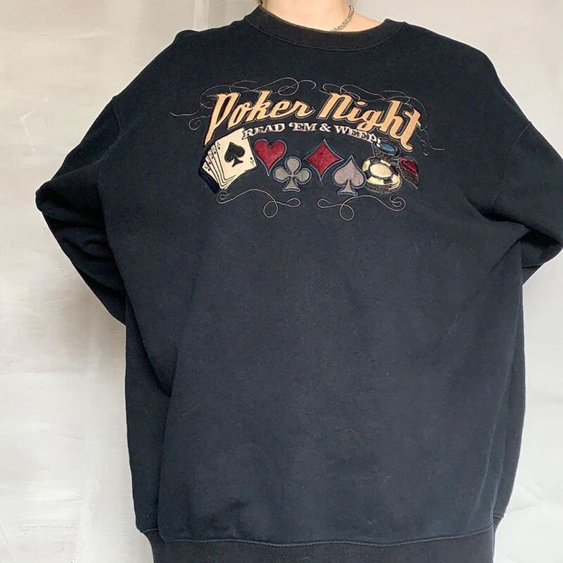 Christmas Gift Y2K Aesthetics Graphic and Letter Embroidery Oversized Sweathirts E-girl Vintage 90s Crewneck Long Sleeve Black Tops