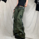 Peneran Harajuku Green Jeans y2k Grunge Women Low Waist Cargo Pants Hip Hop Punk Style Bandage Baggy Retro Long Trousers Gothic Clothes