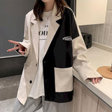Christmas Gift Korea Chic Casual Trend Women Lapel Contrast Color Stitching Loose Fashion Pocket Long-sleeved Blazer Autumn 2021 Women Clothing