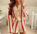 Peneran Knitted Hollow Out Women's Shorts Sets Long Sleeve Cardigan For Women And Red Stripe Shorts Loose Y2K 2024 Spring Casual Sweater