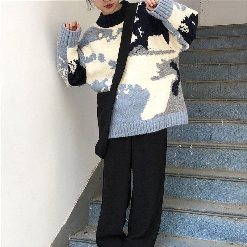 Blue Sky And White Clouds Cute Pull Sweater Women Soft And Comfortable Fashion Blue Pullover Lazy Loose Women Sweater