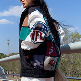 Peneran Women Printed Bomber Jacket Long Sleeve Stand Collar Stitch Coats 2022 New Korean Style Streetwear Girls Baseball Jackets