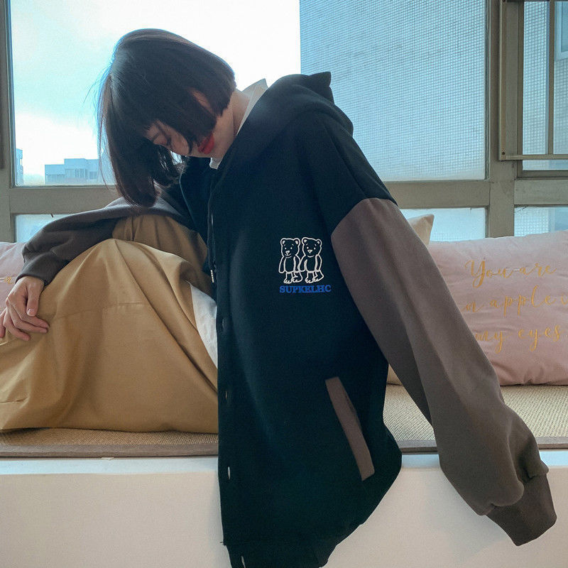 Harajuku Oversized Sweatshirt Streetwear Women Print Letter Zip Up Hoodies Student Plus Size Korean Outwear Chic Bear Loose Tops