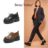 Graduation Gifts   BeauToday Platform Shoes Women Genuine Cow Leather Round Cross Tied Closure Chunky Sole Ladies Casual Shoes Handmade 21894