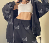 Autumn New Butterfly Print Zipper Jacket Loose Pants Casual Fashion Street Wear For Women's Sportswear 2022 Hot