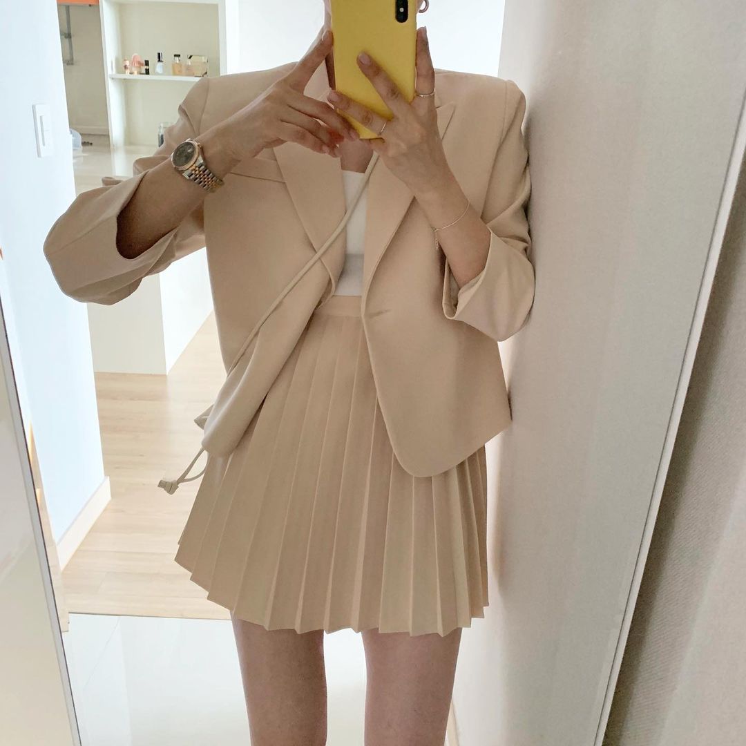 PENERAN Women Two Piece Set Outfits Long Sleeve Coat And High Waist Pleated Mini Skirt Elegant Korean Style Casual 2 Piece Sets