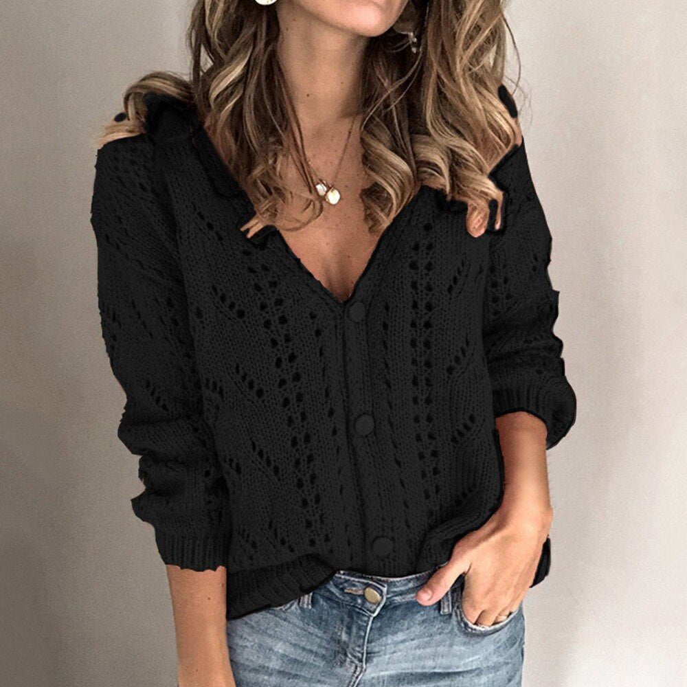 Christmas Gift Button Up Knitted Cardigan Long Sleeve Sexy Tricot Sweater Coats Women Sweater Hollow Out Low V-Neck Knitwear Tops