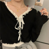 Peneran Women Long Sleeve T-Shirts Lace-Up Patchwork Ruffles Trendy Sweet Lovely Crop Tops Sexy Females Leisure Chic All-Match Outwear