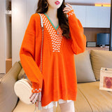 Women Casual Knitting Sweater Pullover V-neck Color-Blocking Plaid Pullover For Female Long-Sleeved Knitted Sweater Loose Jumper