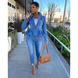 Back to School Personalized Solid Loose Women's Denim Jacket Blue Washed Fashion Street Style Skirt Shaped Coat Autumn Winter Commute Top 7102