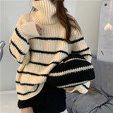 Casual All-Match Home Women'S Sweater 2020 Thick Warm High-Neck Loose Striped Ladies Sweater