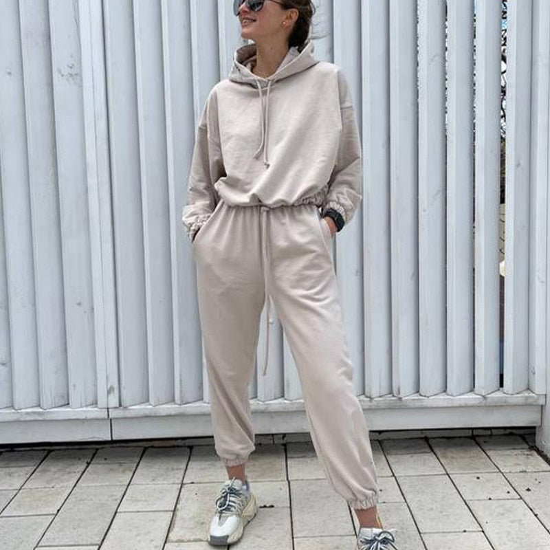 Christmas Gift Women Casual Solid Pajama Set Long Sleeve Hoodie Sweatshirts And Drawstring Pant Two Piece Sets Autumn Winter Fashion Tracksuits