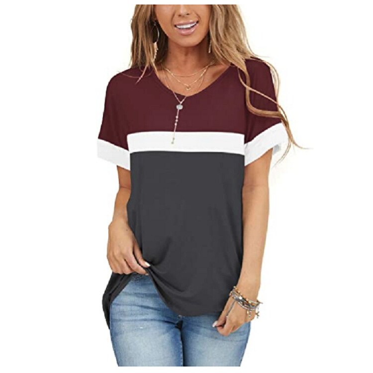 Peneran 2022 Spring And Summer European And American Women's Solid Color Round V Short-Sleeved Contrast Color Stitching T-Shirt Top