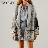 Peneran Cardigan Sweater Women Wool Kniited Tassel Doodle Jacquard Loose Full Sleeve High Quality Cashmere Winter Jacket Women