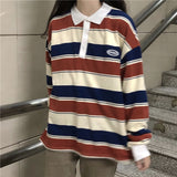 Retro ins stripe hit color wild loose polo collar pullover sweatshirt women loose Harajuku street Korean style top autumn