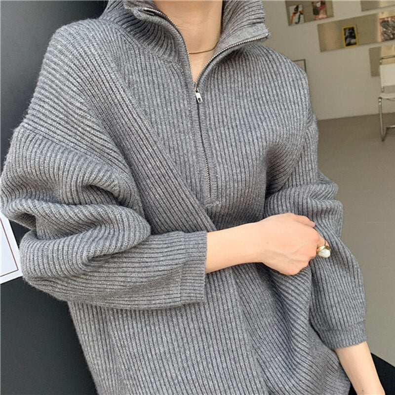 Christmas Gift  Loose Solid Sweater For Women Turtleneck Long Sleeve Patchwork Zipper Minimalist Knitting Pullover Female Clothing