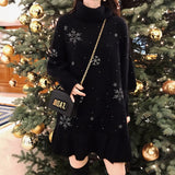Christmas Turtleneck Knitted Dress Women Winter Thick Snowflake Print Ruffled Plus Size New Year Dress Female